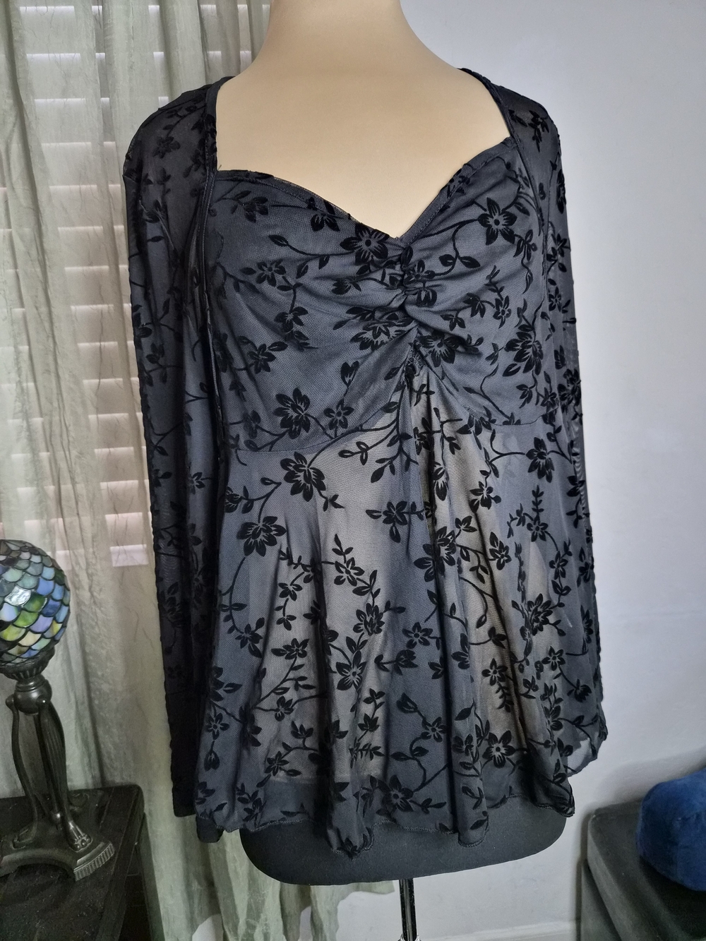 Elegant Ruched Bodice Black Floral Velvet & Mesh Top 2X #0431